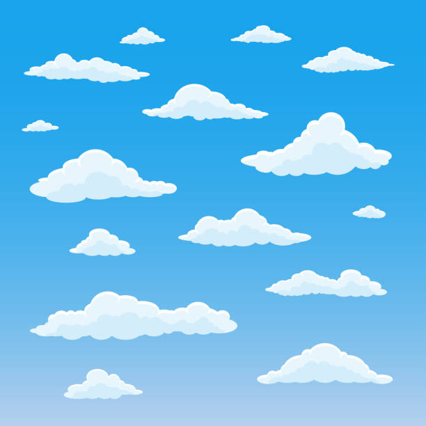만화 구름 세트입니다. 흐린 하늘 배경입니다. 흰 솜 털 구름과 푸른 천국입니다. 벡터 일러스트입니다. - clouds stock illustrations