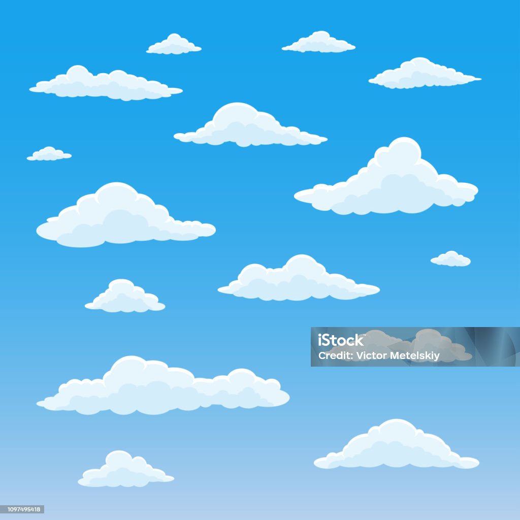 Cartoon cloud set. Cloudy sky background. Blue heaven with white fluffy clouds. Vector illustration. Cloud - Sky stock vector