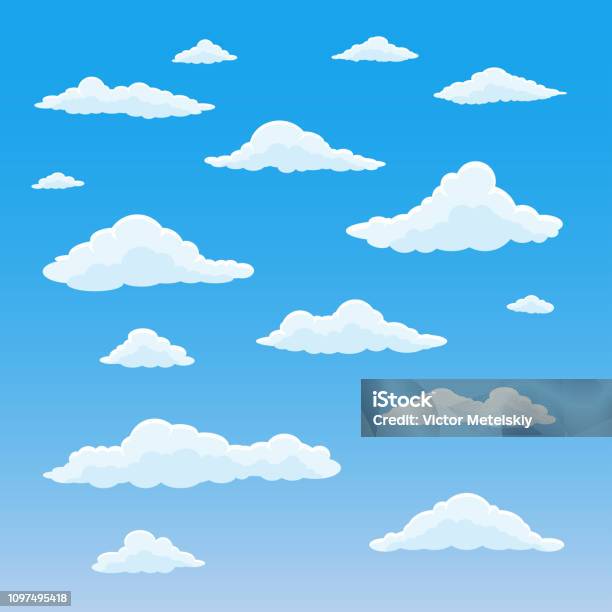 Cartoon Cloud Set Cloudy Sky Background Blue Heaven With White Fluffy Clouds Vector Illustration Stock Illustration - Download Image Now