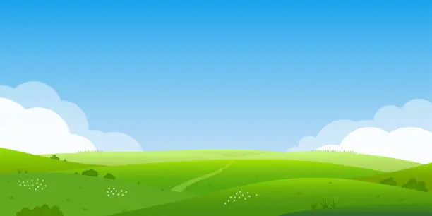 Vector illustration of Summer landscape background. Field or meadow with green grass, flowers and hills. Horizon line with blue sky and clouds. Farm and countryside scenery. Vector illustration.