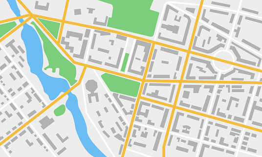 City map with streets, roads, parks and river. Gps and navigation concept. Town plan. Vector illustration.
