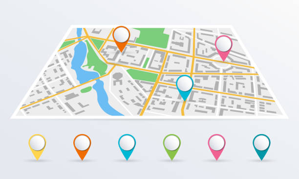 istock City map with colorful markers or pin pointers. Perspective map with city roads, streets and buildings. Vector illustration. 1097495714