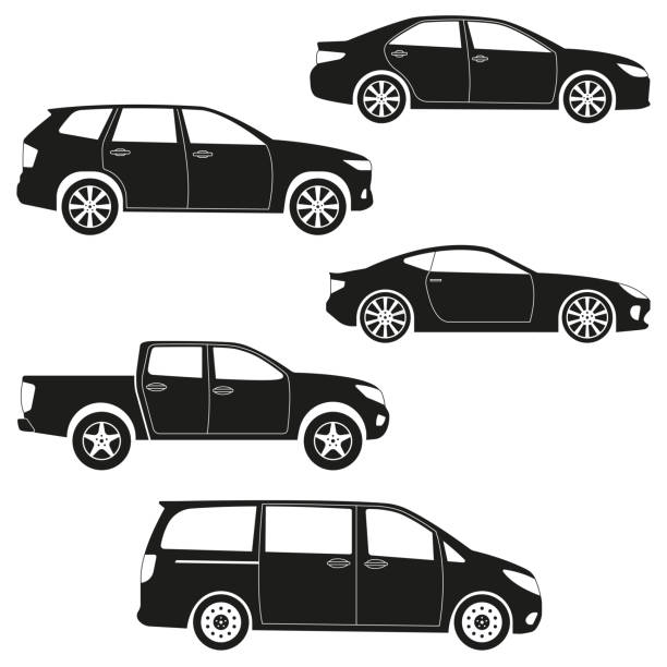 Cars icon set: sedan, suv, van, pickup, coupe, sport car. Side view. Vehicle silhouettes. Vector illustration. Cars icon set: sedan, suv, van, pickup, coupe, sport car. Side view. Vehicle silhouettes. Vector illustration. bus livery stock illustrations