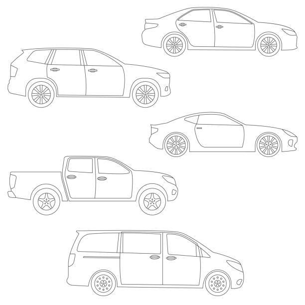 illustrations, cliparts, dessins animés et icônes de jeu de contour de voitures. vue de côté. différents types de véhicules : berline, suv, van, camionnette, coupé, voiture de sport. illustration vectorielle. - berline à hayon arrière