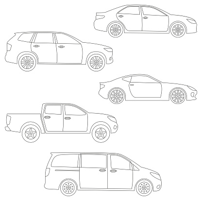 Outline cars set. Side view. Different type of vehicles: sedan, suv, van, pickup, coupe, sport car. Vector illustration.