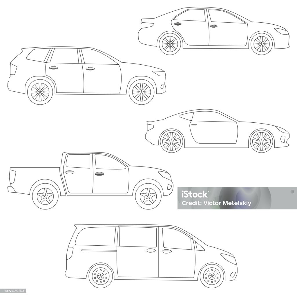 Outline cars set. Side view. Different type of vehicles: sedan, suv, van, pickup, coupe, sport car. Vector illustration. Car stock vector