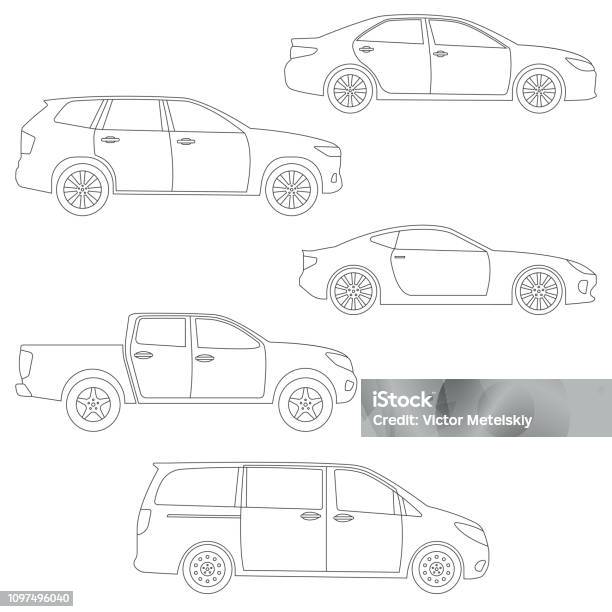 Outline Cars Set Side View Different Type Of Vehicles Sedan Suv Van Pickup Coupe Sport Car Vector Illustration Stock Illustration - Download Image Now