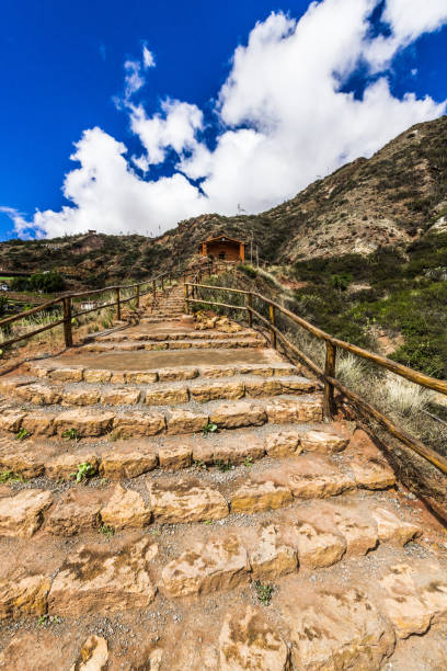 A staircase with dirt steps leads to the top of the hill to a wooden Bungalow.