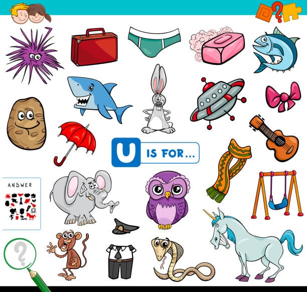 U is for educational game for children Cartoon Illustration of Finding Picture Starting with Letter U Educational Game Workbook for Children letter u with words stock illustrations