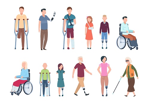 Disabled persons. Diverse injured people in wheelchair, elderly, adult and children patients. Handicapped characters vector set