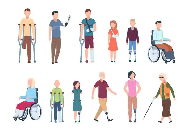 Vector illustration of Disabled persons. Diverse injured people in wheelchair, elderly, adult and children patients. Handicapped characters set
