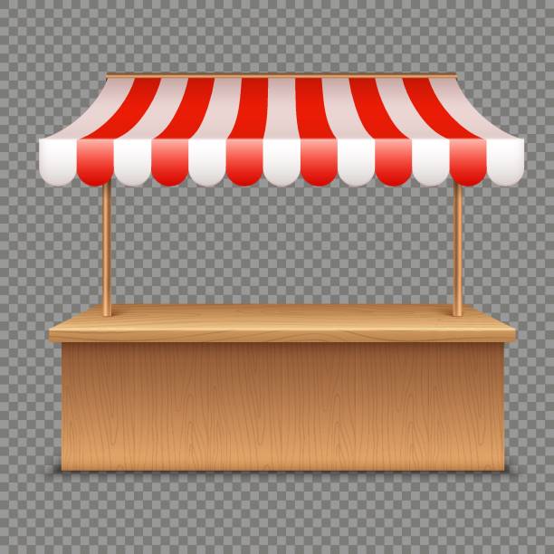Empty market stall. Wooden tent with red and white striped awning on transparent background Empty market stall. Wooden tent with red and white striped awning isolated on transparent background vegetable stand stock illustrations