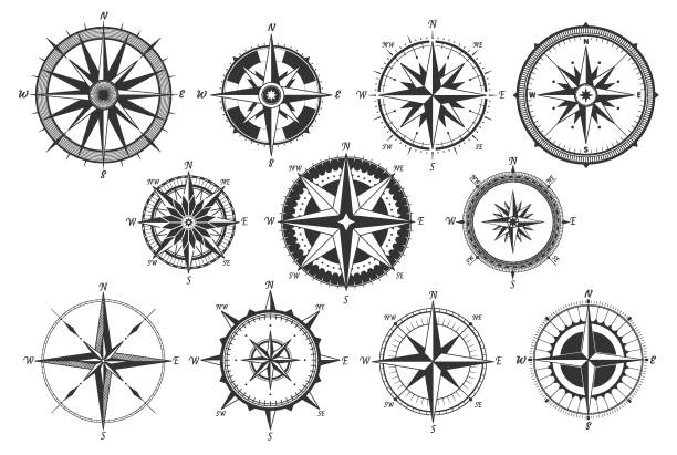 Vintage compass. Nautical map directions vintage rose wind. Retro marine wind measure. Windrose compasses vector icons Vintage compass. Nautical map directions vintage rose wind. Retro marine wind measure. Windrose compasses vector icons isolated vintage map icons stock illustrations