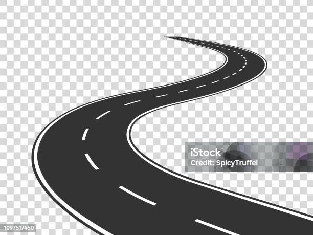 Winding Road Journey Traffic Curved Highway Road To Horizon In Perspective Winding Asphalt Empty Line Isolated Concept Stock Illustration - Download Image Now