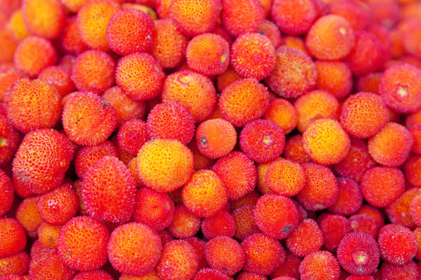 Close-up on a stack of Arbutus unedo fruits.