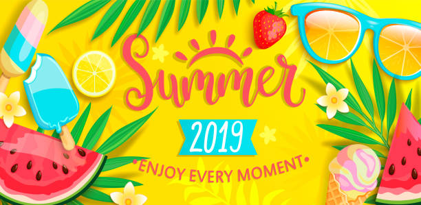 sommer-banner mit symbolen für den sommer. - 2019 stock-grafiken, -clipart, -cartoons und -symbole