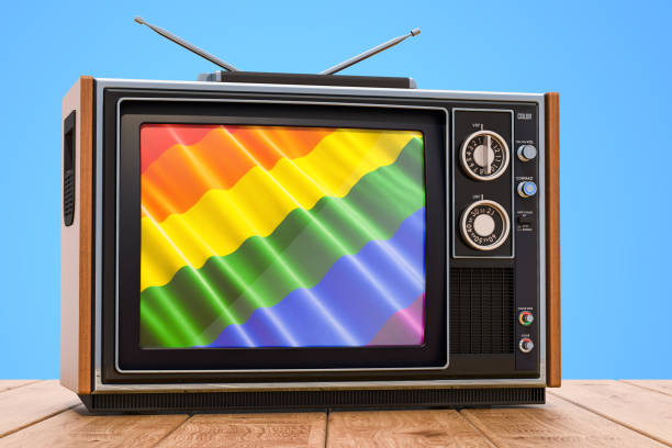 gay tv-konzept, 3d rendering - lesbian gay man rainbow multi colored stock-fotos und bilder