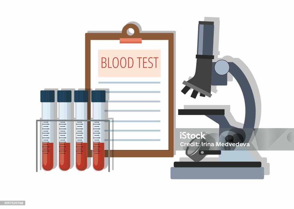 Medical test tubes with blood in holder, test results and Microscope on white. Medical test tubes with blood in holder, test results and Microscope on white. Vector Illustration Microscope stock vector