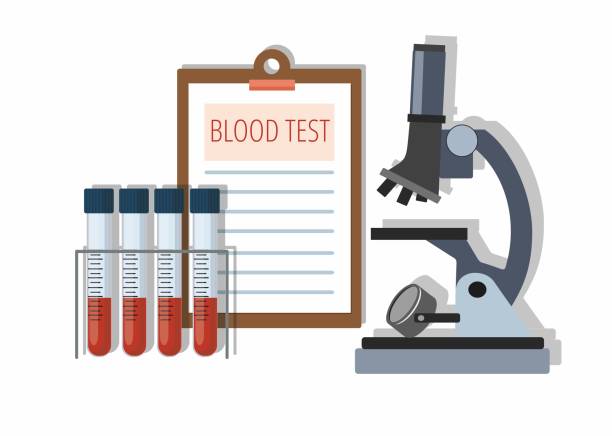 Medical test tubes with blood in holder, test results and Microscope on white. Medical test tubes with blood in holder, test results and Microscope on white. Vector Illustration blood testing stock illustrations