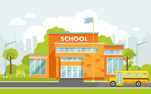 School building in flat style. Modern school, college building on city street background, with bus and front yard. school building stock illustrations