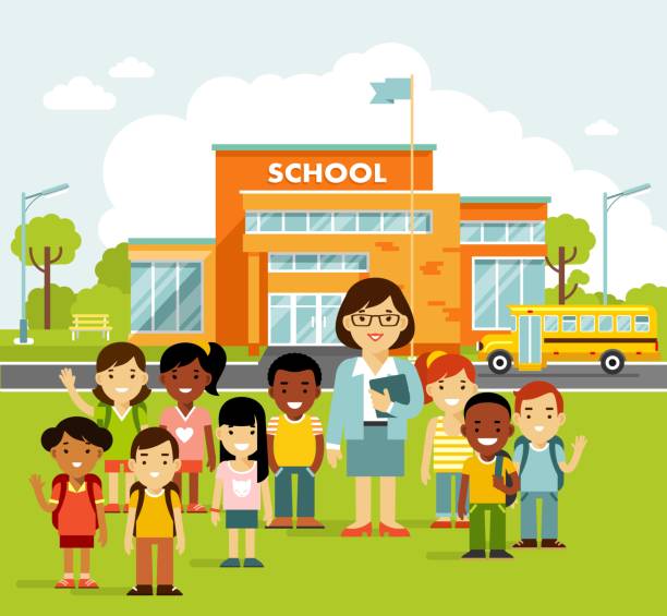 School building and school children in flat style. Modern school, college building on city street background, with bus and front yard. Group of kids and young teacher woman. recess cartoon stock illustrations