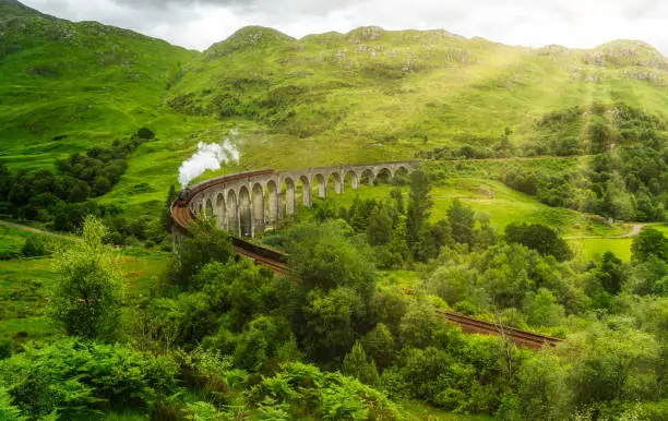 Glenfinnan Railway Viaduct with the Jacobite steam, in Lochaber area of the Highlands of Scotland.