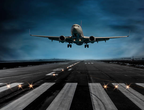 istock Passenger airplane taking off at dusk 1097541794