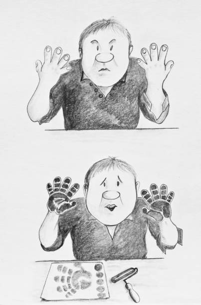 The process of fingerprinting. A man looks at his hands in the paint. Pencil drawing on paper wrongdoer stock illustrations
