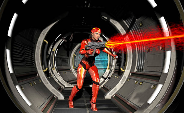 istock futuristic warrior girl, shooting with heavy weapon inside a spaceship, 3d illustration 1097545154