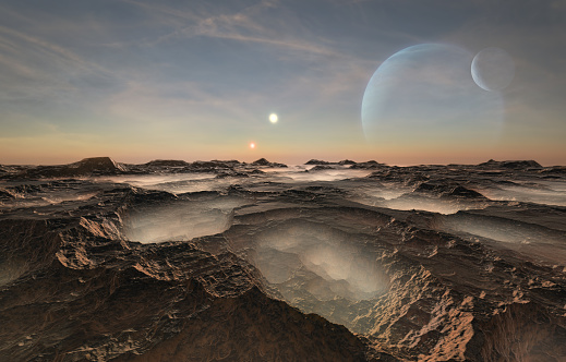 3d illustration of a distant and deserted planet lightened by two suns