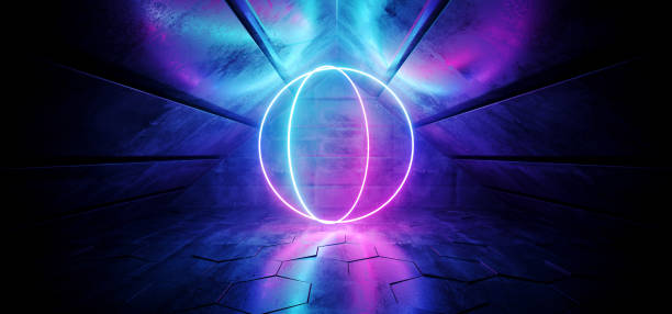 istock Sci Fi Futuristic Modern Elegant Triangle Shaped Grunge Reflective Concrete Tunnel With Neon Glowing Purple Blue Circle Vibrant Dance Lights Retro Dark 3D Rendering 1097548704
