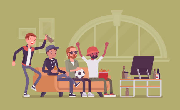 Men gathering at home, assembly or friends meeting Men gathering at home, assembly or friends meeting. Group of football fanatics sitting on coach watching TV match, guys enjoy drinking and male entertainment. Vector flat style cartoon illustration men watching soccer game stock illustrations