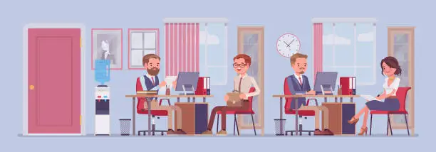 Vector illustration of Office business workspace, manager interviewing, staff working