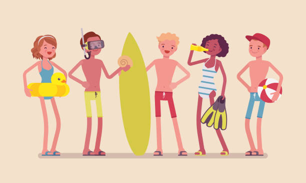 ilustrações, clipart, desenhos animados e ícones de adolescentes desfrutar de atividades de esporte e água na praia - fun tourist resort beach group of people