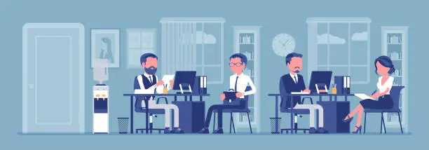 Vector illustration of Office business workspace, hr manager interviewing job applicant