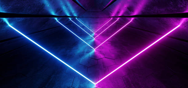 istock Sci Fi Futuristic Modern Elegant Triangle Shaped Grunge Reflective Concrete Tunnel With Neon Glowing Purple Blue Vibrant Dance Lights Retro Dark 3D Rendering 1097549842