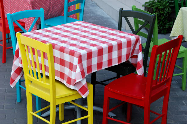 istock Bright and colorful table and chairs in the cafe. 1097549976
