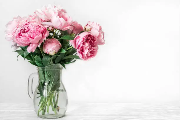 Still life with a beautiful bouquet of pink peony flowers. holiday or wedding background. high key