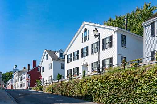 Historic homes along Leyden Street in  Plymouth, Massachusetts