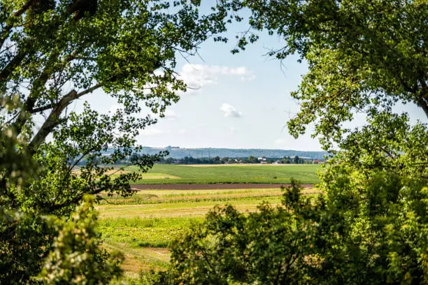 Farm fields and green trees high angle view in summer in Rivne, Ukraine countryside with framing of leaves and sky