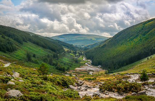 Panoramic view of Glendalough Valley, County Wicklow, Ireland.