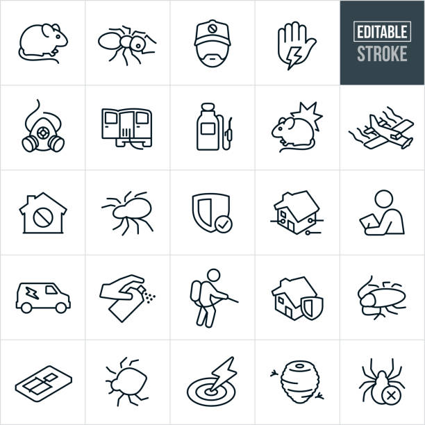 Pest Control Line Icons - Editable Stroke A set of pest control icons that include editable strokes or outlines using the EPS vector file. The icons include exterminators, pests, bugs, spiders, cockroach, bed bug, mouse, rat, ant and bug spray to name a few. rat stock illustrations