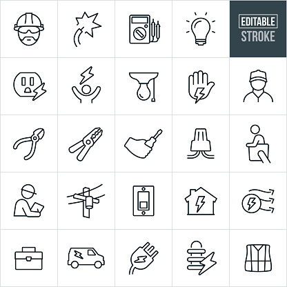 A set of electrical or electrician icons that include editable strokes or outlines using the EPS vector file. The icons include electricians, workers, electricity, wires, multi-meter, tools, light bulb, electrical outlet, power, wire cutters, wire strippers, wire nut, cherry picker, electrical worker, inspections, hard hats, power lines, light switch, tool box, work van, electrical plug, electrical transformer and safety vest to name a few.
