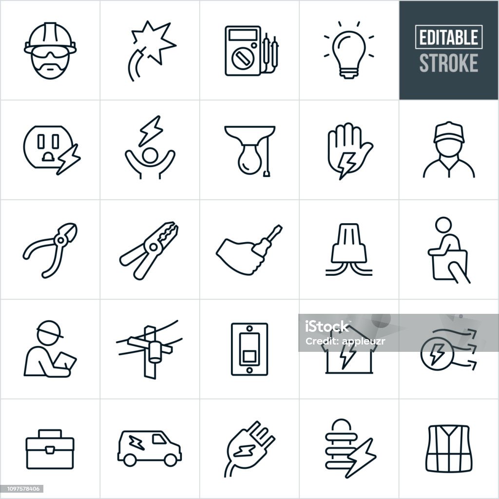 Electrician Line Icons - Editable Stroke A set of electrical or electrician icons that include editable strokes or outlines using the EPS vector file. The icons include electricians, workers, electricity, wires, multi-meter, tools, light bulb, electrical outlet, power, wire cutters, wire strippers, wire nut, cherry picker, electrical worker, inspections, hard hats, power lines, light switch, tool box, work van, electrical plug, electrical transformer and safety vest to name a few. Icon Symbol stock vector