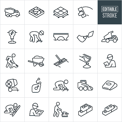 A set of concrete or cement icons that include editable strokes or outlines using the EPS vector file. The icons include a cement truck, cement, concrete, cement work, cement tools, jack hammer, blue collar worker, construction worker, bridge, trowel, dump truck, wheel barrow, bull float, manager, boss, cement mixer, chalk line, workers, workers working, cement bag, screed board, blue prints, ground compactor, cinder blocks and bricks to name a few.