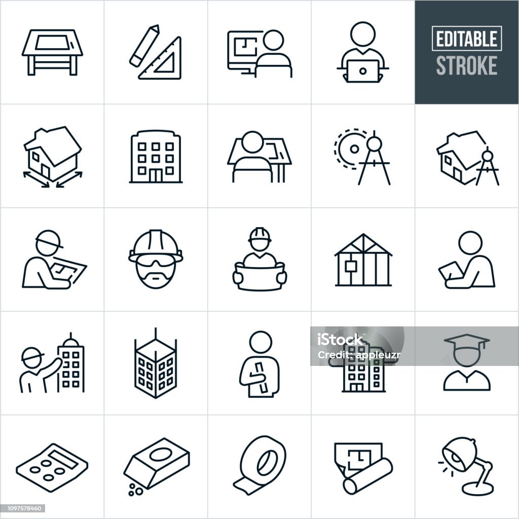 Architecture Line Icons - Editable Stroke A set of architecture icons that include editable strokes or outlines using the EPS vector file. The icons include a drawing table, architects, draftsmen, tools, people working, blue prints, house, house plans, building, drawing compass, construction workers, construction, hard hats, home construction, inspector, architectural drawings, skyscrapers, education, graduate, calculator and other tools. Icon Symbol stock vector