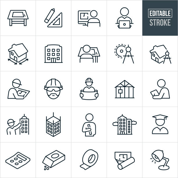 Architecture Line Icons - Editable Stroke A set of architecture icons that include editable strokes or outlines using the EPS vector file. The icons include a drawing table, architects, draftsmen, tools, people working, blue prints, house, house plans, building, drawing compass, construction workers, construction, hard hats, home construction, inspector, architectural drawings, skyscrapers, education, graduate, calculator and other tools. blueprint icons stock illustrations