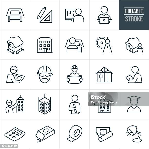 Architecture Line Icons Editable Stroke Stock Illustration - Download Image Now - Icon Symbol, Construction Industry, Architecture