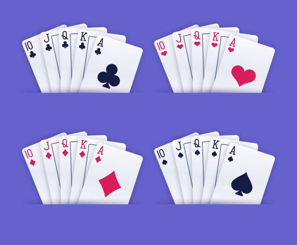 ilustraciones, imágenes clip art, dibujos animados e iconos de stock de cartas de juego escalera real - poker cards royal flush leisure games