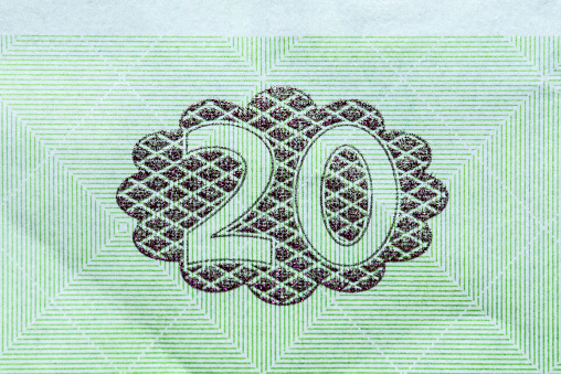 Ukrainian national currency, twenty hryvnia close-up. Horizontal frame
